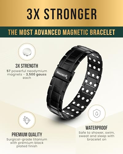 MagnetRX® 3X Strength Magnetic Bracelets for Men – Effective Titanium Mens Magnetic Bracelet – Premium Fold–over Clasp & Adjustable Length with Sizing Tool & Gift Box (Black) - color: Black (3X Strength)