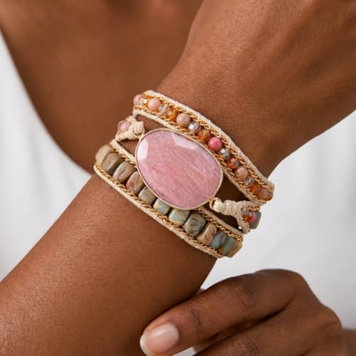 YGLINE Women Boho Handmade Natural Stone Crystal Leather Bead Wrap Bracelets Collection - color: Rhodochrosite 4