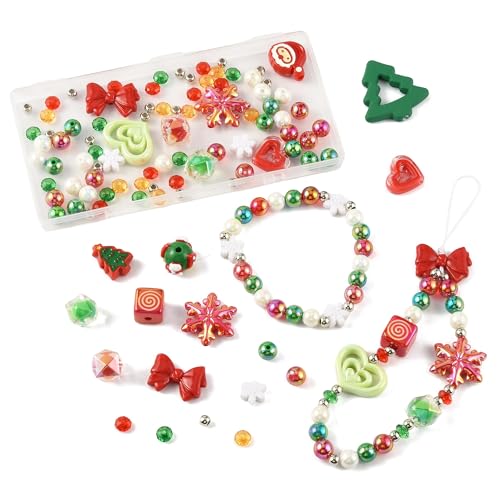100Pcs Christmas Acrylic Beads for Jewelry Making, 19 Styles Xmas Tree Snowflake Bowknot Heart Santa Claus Loose Spacer Beads for Bracelets Necklaces Earrings Making and Crafting - color: Xmas- 100 pcs
