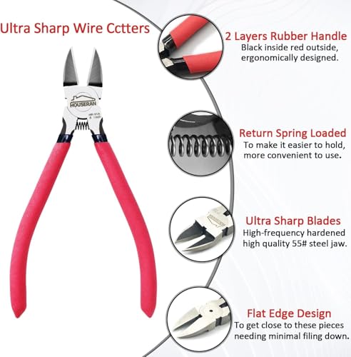 Wire Cutters 2 PACK, 6 inch Wire Cutter Set, HOUSERAN Side Cutters Flush Cut Pliers, Spring Loaded Cutting Pliers with Non-slip Red Handle, Wire Cutters Heavy Duty for Jewelry Making, Crafts, Zip Tie - color: 2 Pack