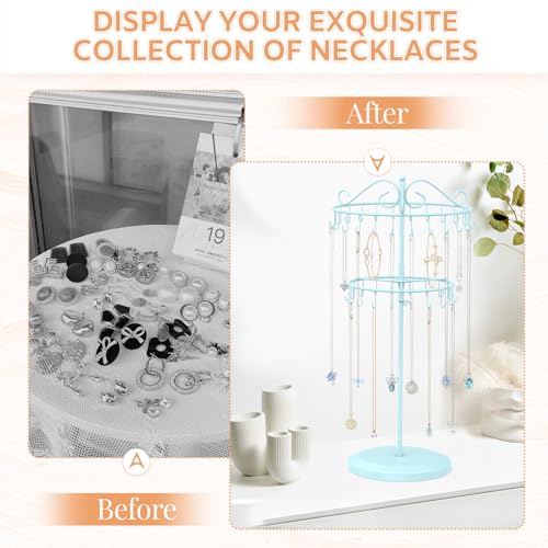 iDavosic.ly 2 Tier Rotating Necklace Holder Organizer with 42 Hooks, Adjustable Metal Bracelet Display Stand Rack, Extra Tall Keychain Spinning Tree Tower for Women, Blue - color: Light Blue
