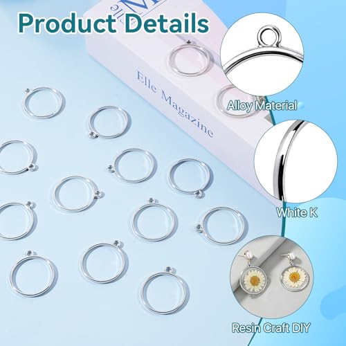 100 Pcs Round Open Bezel Pendants, 31x27mm Open Bezels for Resin Jewelry Making, Alloy Hollow Frames Silver Round Open Bezels for DIY Crafts, Keychain, Necklace, Earring Findings
