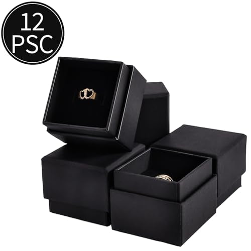 driew 12 Pack Cardboard Drawer Display Jewelry Boxes, Black Gift Boxes Kraft Paper Box Jewelry Gift Packaging Case Sponge Insert and Lids for Rings (2.05x2.05X1.57 Inch)