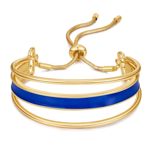 WOWORAMA Adjustable Slider Bracelets for Women Bar Friendship Bangle Bracelet for Women Gold/White Gold/Rose Gold Bolo Bracelet - color: Triple Bar-Blue