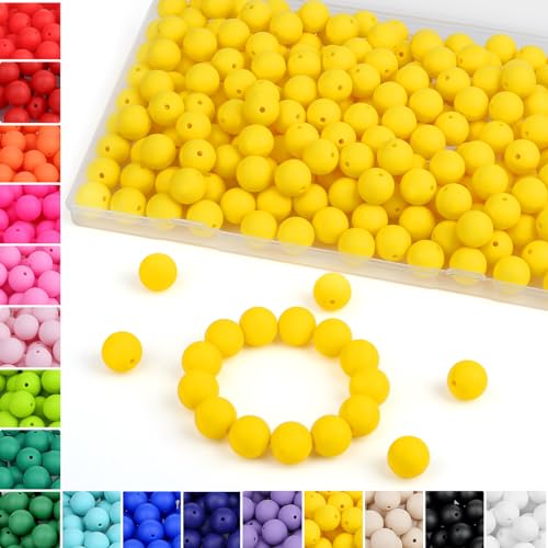 MAIBAOTA 120 Pcs Yellow Silicone Beads 15 mm Yellow Beads for Keychain/Pens/Bracelet/Necklace Making Focal Beads Loose Rubber Round Silicone Beads Bulk for Craft Making（with Boxed Kits） - color: Yellow