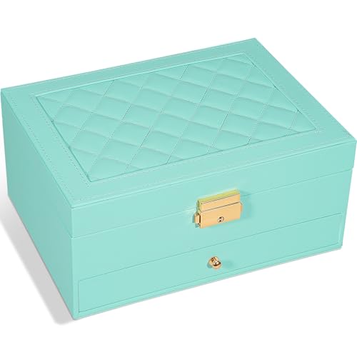 GUOER Jewelry Box for Women Girl Wife - Large PU Leather Jewelry Organizer Storage Case with Two Layers Display for Earrings Bracelets Rings Watches (Teal) - color: Teal
