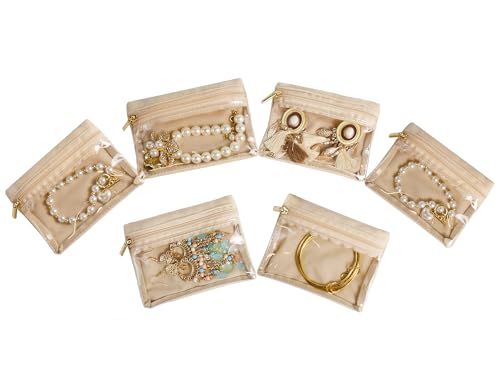 6 Pcs Travel Jewelry Organizer, Velvet Mini Pouch with Clear Zipper Pocket, Lightweight Jewelry Storage Organizer for Rings Earrings Necklaces, Travling Gift for Women Girls (Beige) - color: Beige 6 Bag