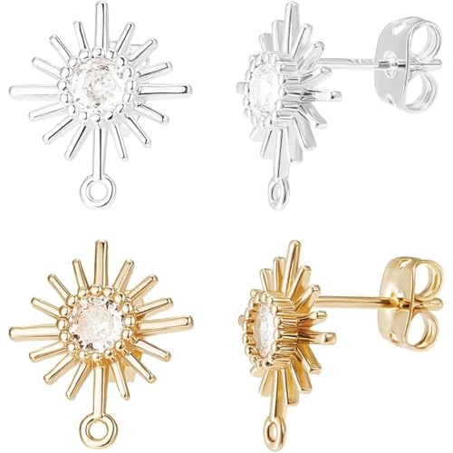Beebeecraft 12Pcs 2 Colors Cubic Zirconia Stud Earring Findings 18K Gold & 925 Sterling Silver Plated Celestial Sun Earrings Posts with Loop and 12Pcs Ear Nuts for DIY Earrings Jewellery Making - color: Gold & Silver -12pcs