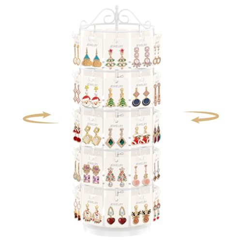 MODOWEY Earring Card Display Stand for Vendors, 50 Hooks Metal Rotating Organizer Rack Holder, 5 Tier Adjustable Jewelry Tree for Stud Pierced Dangle Selling, Boost Sales Compact Earing Hanger, White - color: Glossy White
