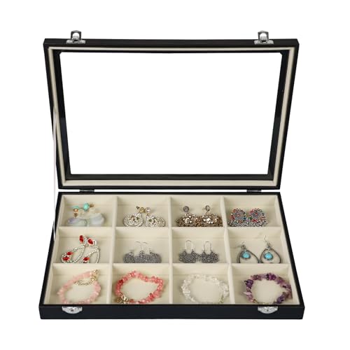 Stratalife Jewelry Organizer Bracelet Holder Organizer Box Earring Storage Drawer Jewelry Display Anti Tarnish Ring Holder For Women Girls 12 Grid (Beige Black) - color: Beige-Black, size: 12 Grid