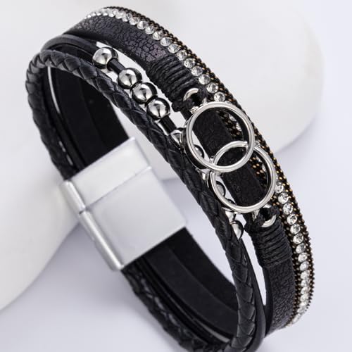 FANCY SHINY Mothers Day Gifts Boho Leather Wrap Bracelet Stackable Infinity Chunky Cuff Bracelets Western Hippie Outfits Jewelry Valentine Gifts for Women - color: Black