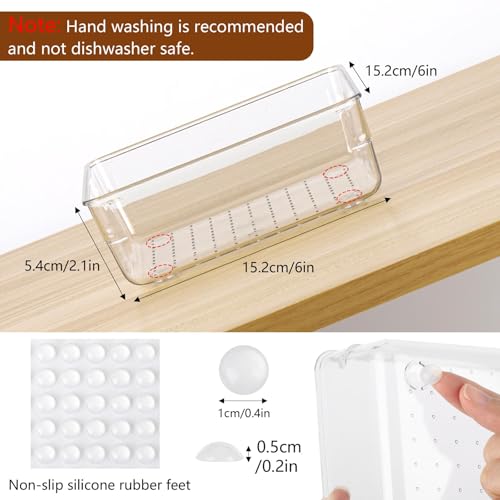 6 Pcs Large Clear Plastic Drawer Organizers Tray 6" x 6" Storage Bins with 25 Pcs Non-Slip Pads for Makeup, Jewelries, Kitchen Utensils, Bathroom and Office - size: 6"x6"
