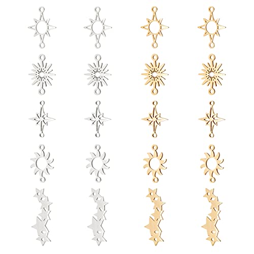 DICOSMETIC 20Pcs 5 Styles Star Link Charms Stainless Steel Link Pendnats Golden Hollow Sun Link Connector with Double Loops for DIY Jewelry Making, Hole: 1.4~1.8mm