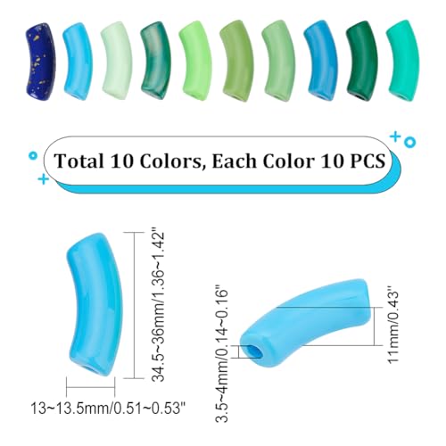 PH PandaHall 100pcs Acrylic Curved Tube Beads, 10 Style 35mm Opaque Chunk Spacer Beads Spring Summer Long Tube Noodle Slide Beads for St. Patrick’s Bracelet Necklace Jewelry Making - color: Green
