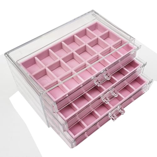 YUFONG Earring Organizer Box Acrylic Jewelry Organizer with 3 Drawers 54 Adjustable Grids Clear Stackable Earring Holder Velvet Trays Ring Display Case for Women Girls (Pink) - color: Pink