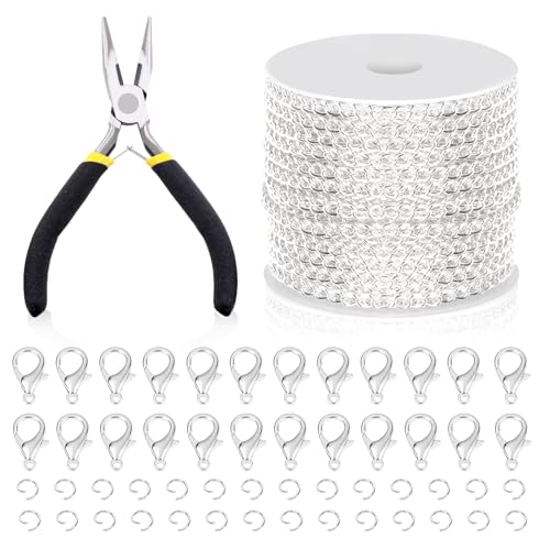 Swpeet 102Pcs Silver 3mm by 10 Yard Length Jewelry Making Chains Kit with Jump Rings, Lobster Clasps and Jewelry Plier, Necklace Chains Flat Cable Link Chain Bulk Ideal for DIY Craft Jewel Making - color: Silver
