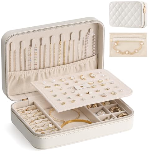 Lolalet Travel Jewelry Case for Women Girls, PU Leather Jewelry Organizer with Clear Storage Bag Small Portable Jewelry Box for Necklace Bracelet Earring Ring Mothers Day Birthday Gifts -Large/Beige - color: Beige, size: Large (8.2"W*4.2"D*2.4"H)