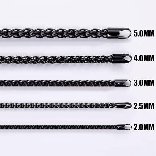 Fiusem Black Wheat Chains for Men and Women, 2/2.5/3/4/5mm Stainless Steel Necklace Chain, Mens Necklace Jewelry Gift 16-28 Inch - size: 22 Inches, style: Black 2MM