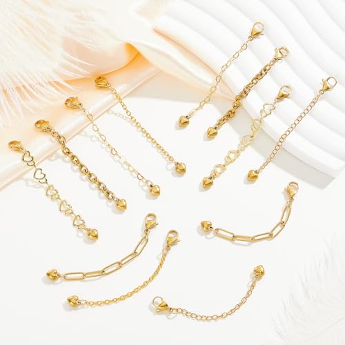 CRAFTYMELODY 12Pcs 18K Gold Necklace Extenders 6 Style Necklace Bracelet Extension Chains Neacklaces Extender Chain with Heart Charms Jewelry Findings for Jewelry Making