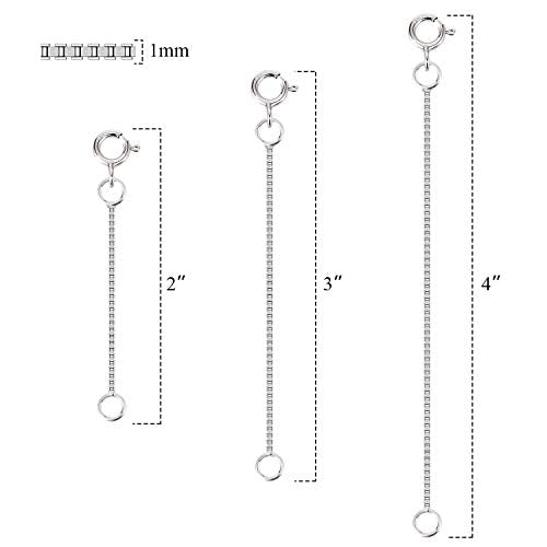 3 Pcs 925 Sterling Silver Box Chain Necklace Extenders | Durable Strong Removable Necklace Bracelet Anklet Extension Jewelry Making Chains (2 3 4 Inch, 0.8/1mm) - style: 1mm