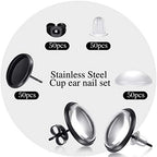 Hicarer 200 Pieces Stud Earring Kit, Including 50 Pieces 12 mm Stainless Steel Blank Stud 50 Rubber Back, 50 Pieces 12 mm Clear Glass Cabochons 50 Stainless Steel Earring Back for DIY Making (Black) - color: Clear