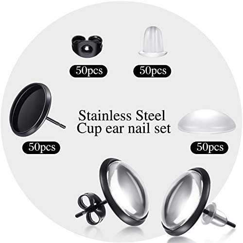 Hicarer 200 Pieces Stud Earring Kit, Including 50 Pieces 12 mm Stainless Steel Blank Stud 50 Rubber Back, 50 Pieces 12 mm Clear Glass Cabochons 50 Stainless Steel Earring Back for DIY Making (Black) - color: Clear