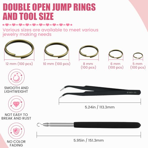 500 Pcs Double Open Jump Rings Kit, Zinc Alloy Mini Round Split Craft Jump Keychains Key Ring with Double Loops Connectors for Jewelry Making, Bracelets, Necklace, DIY (5, 6, 8, 10, 12mm) - color: Bronze