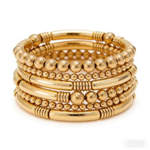 5Pcs Gold Bead Bracelets Set for Women,14K Gold Plated Stackable Bead Ball Bracelets Set,Adjustable Chunky Bangles Bracelets,Boho Stretch Bead Ball Bracelet for Women - color: 5Gold