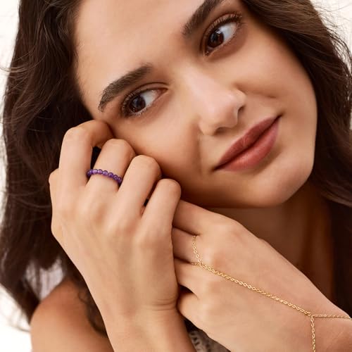 NLIEO Natural Gemstone Stretch Beaded Rings for Women Stackable Dainty Elastic Crystal Rings Jewelry - style: Amethyst