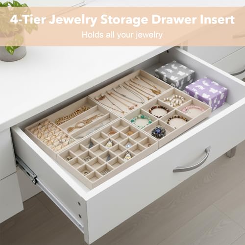 Jewelry Drawer Organizer Tray Set of 4 Stackable Velvet Jewelry Trays Drawer Inserts Organizer Case Set for Women Jewlery Storage Display Tray for Earrings, Rings, Necklaces, Bracelets, Watch (Beige)