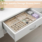 Jewelry Drawer Organizer Tray Set of 4 Stackable Velvet Jewelry Trays Drawer Inserts Organizer Case Set for Women Jewlery Storage Display Tray for Earrings, Rings, Necklaces, Bracelets, Watch (Beige)