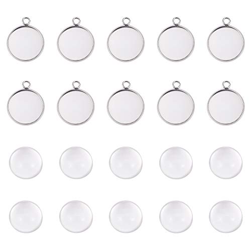 FASHEWELRY 10 Sets Stainless Steel Flat Round Bezel Pendant Trays with Half Round Glass Cabochon Clear Dome for DIY Jewelry Making - color: 16mm-10 Sets