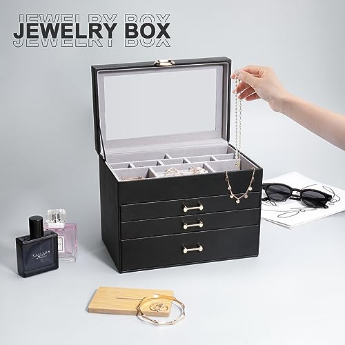 Jewelry Organizer Jewelry Boxes for Women, Jewelry Box with Clear Glass Lid 4-Tier with 3 Drawers, Gift for Women Girl, Black Glass Lid - color: Black Glass Lid