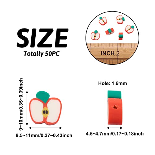 50PCS Handmade Polymer Clay Beads Apple Slice Shape Loose Bead Fruit Theme Spacer Beads Apple Bracelet Bead for DIY Bracelet Necklace Earring Charm Anklets Keychain Gifts Jewelry Making Hole 1.6mm - color: Apple Slice