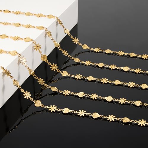 KYUNHOO 4.3 Yard Stainless Steel Heart Chain for Jewelry Making Gold Plated Flower Chains Bulk with Lobster Clasps and Jump Rings for Necklace Bracelet Crafting - color: FLower Gold