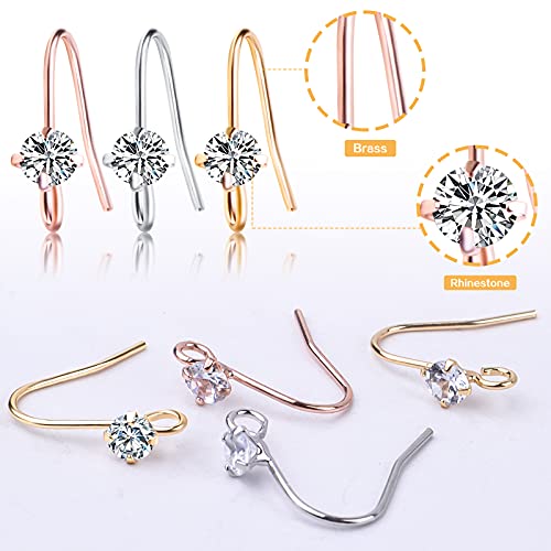 30pcs 3 Colors French Diamonds Earring Hooks Brass Ear Wire Fish Hook Earrings Hypo-allergenic Elegant Dangle Earrings for DIY Jewelry Crafts Making Wedding Prom - color: Silver/Gold/Rose Gold
