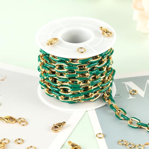 UMAOKANG 6.6 Feet Gold Plated Stainless Steel Chain Green Enamel Paperclip Jewelry Chain Roll Oil Drip Decoration Craft Chains Bulk - color: Green