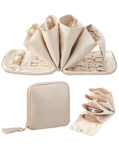 Lolalet Travel Jewelry Case Organizer, Small Jewellery Pouch with Compartments for Storage, Soft Velvet Bag for Traveling Women, Packing for Necklaces, Earrings, Bracelets, Mothers Day Gifts -Oatmeal - color: Oatmeal