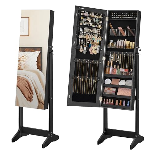 SONGMICS Jewelry Cabinet Armoire, Freestanding Lockable Storage Organizer Unit with 2 Plastic Cosmetic Storage, Full-Length Frameless Mirror, for Necklace Earring, Black UJJC002B01 - color: Black, style: Modern