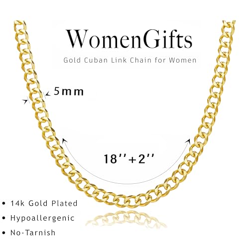 WomenGifts Cuban Link Chain Necklace for Women, Waterproof 14k Gold Silver Plated Chain Choker, Non Tarnish Stainless Steel Jewelry, 3.5/5/6/8/11mm,14/16/18 Inch Thin&Chunky&Thick - color: Gold, style: 5MM-18"