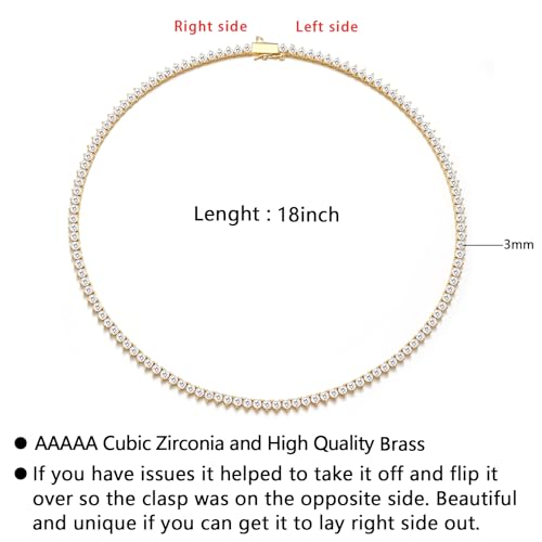 BREN 3mm 3 Prong Tennis Necklaces for Women Men, 18K White/Yellow Gold Plated 16/18 inches Round Cubic Zirconia Dainty Chain Jewelry - color: Gold-3mm, size: 18 inch