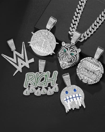 Lced Out Diamond Cuban Chain for Men | Hip Hop Miami Link Necklace Silver & Gold Plated Options with Pendant, 7-Pack Gift Set - color: Silver, size: 24 inches