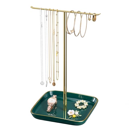 pickpiff Necklace Holder Stand with Ceramic Base: 12" Jewelry Tree Display Organizer for Necklaces, Bracelets, Rings, Earrings, Tall Gold and Green Stand for Women, Aesthetic Room Décor - color: Green, size: 6.7" base