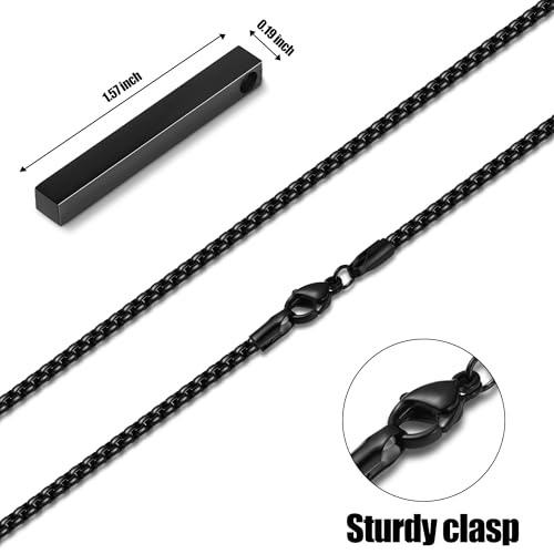 Fiusem Pendant Necklace for Men, Silver Tone/14k Gold Plated/Black Mens Pendant Necklaces with 2.5 mm Box Chain, Stainless Steel Bar Chain, 18-28 Inches - color: black, size: 24 Inches, style: Pierced Rectangle