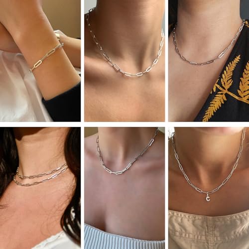 10 Pack Stainless Steel Paperclip Necklace Chains Bulk Classic Men and Women Paperclip Chain Necklace Set - color: Steel Color, size: 16inch (4x12mm)