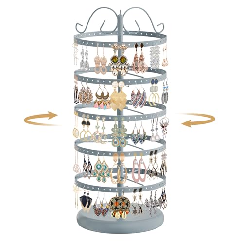 MODOWEY Rotating Earring Holder Organizer Stand, 5 Tier Metal Tree Display for Women Vendors, 220 Holes Adjustable Jewelry rack for Stud Hoop Dangle Storage, Trendy Carousel Keeps Dresser Neat, Gray - color: Gray, size: 5 Tier, 220 Holes