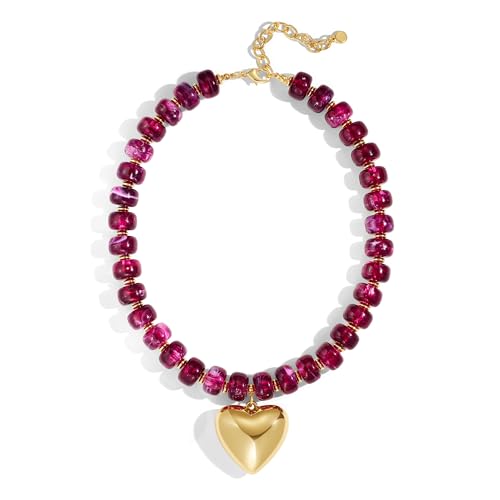 Gold Heart Pendant Necklaces for Women Colorful Acrylic Resin Beaded Choker Necklace Fashion Chunky Statement Beaded Heart Necklace - color: Purple