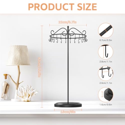 iDavosic.ly Rotating Necklace Holder Organizer with 24 Hooks, Adjustable Metal Bracelet Display Stand Rack, Extra Tall Keychain Spinning Tree Tower for Women, Black - color: Black - 1 Tier