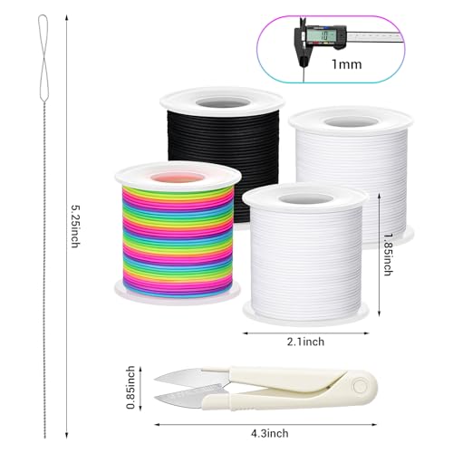 Stretchy Bracelet String Kit with Scissors & Beading Needle, 4 Rolls Elastic String for DIY Crafts, 1mm Stretchy Cord for Jewelry Making Sewing Necklace Beading, 660FT, (Black, White, Rainbow)