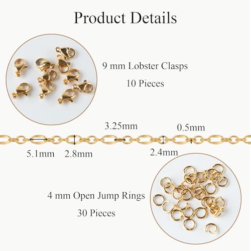 Jabogrii 16.4 Feet Gold Oval Lip Chain for Jewelry Making Stainless Steel Cable Chain Bulk Roll Craft Jewelry Making - color: Lip Gold